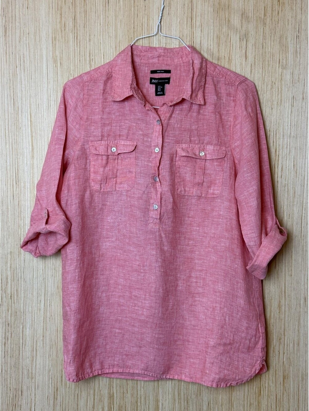 Jones New York Blouse Womens Large Pink 100% Linen Collared Tunic Top 3/4 Sleeve